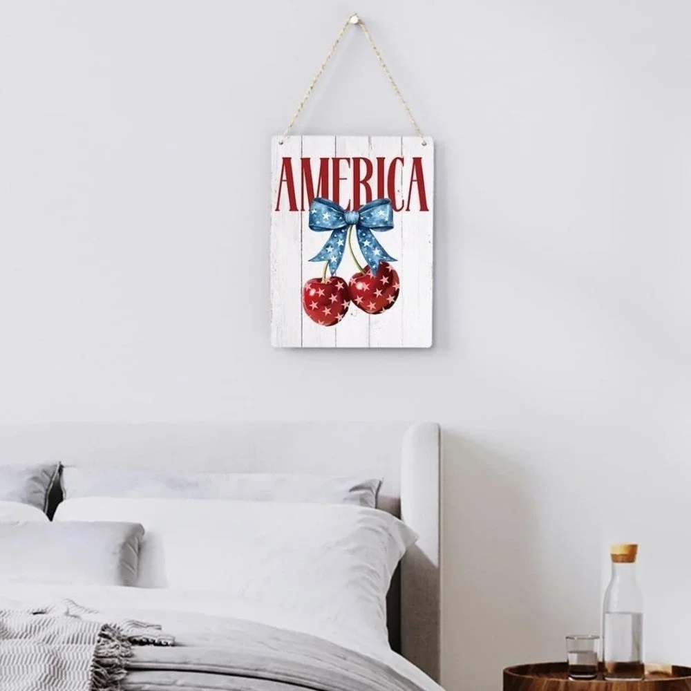 BELLOWDEER America Patriotic Wall Art Sign 4th of July Cherry Bow Decor 10x8